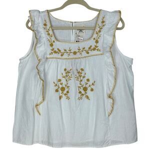 Cotton Rye Top Womens Large Embroidered Ruffled Sleeveless Flax Cottagecore